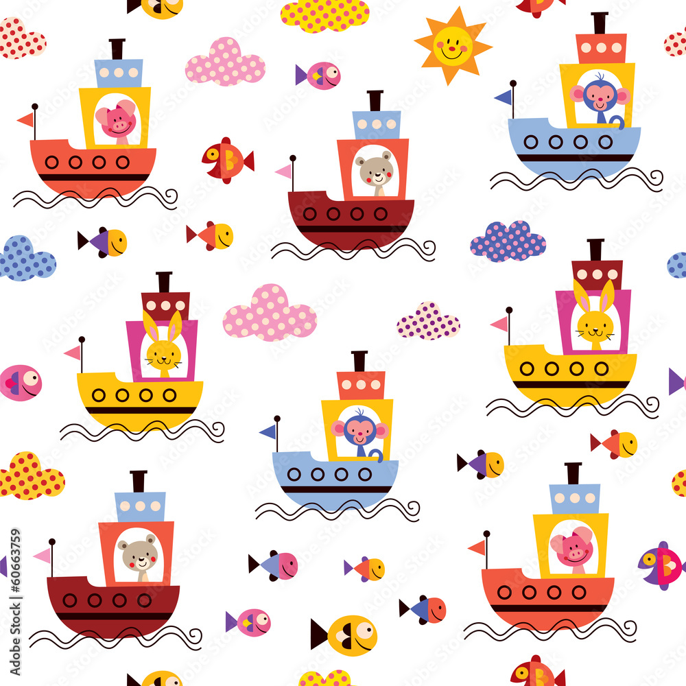 Obraz premium cute animals in boats kids sea pattern