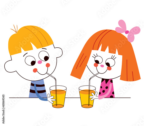 little boy and girl drinking juice