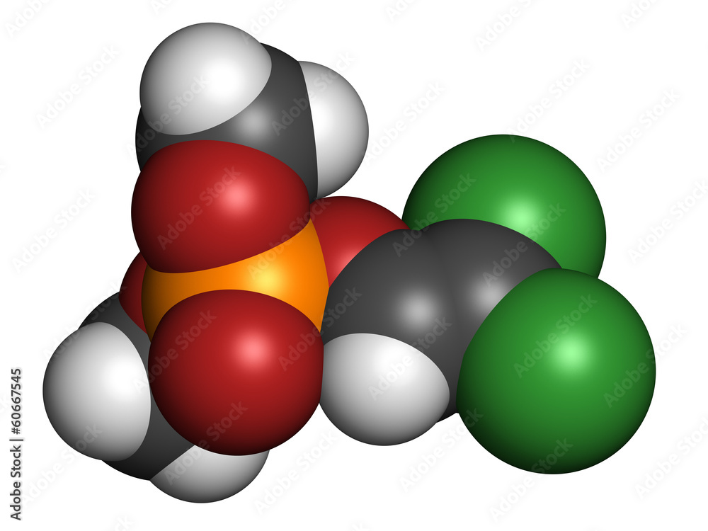 Dichlorvos organophosphate insecticide molecule. Dichlorvos organophosphate insecticide molecule.