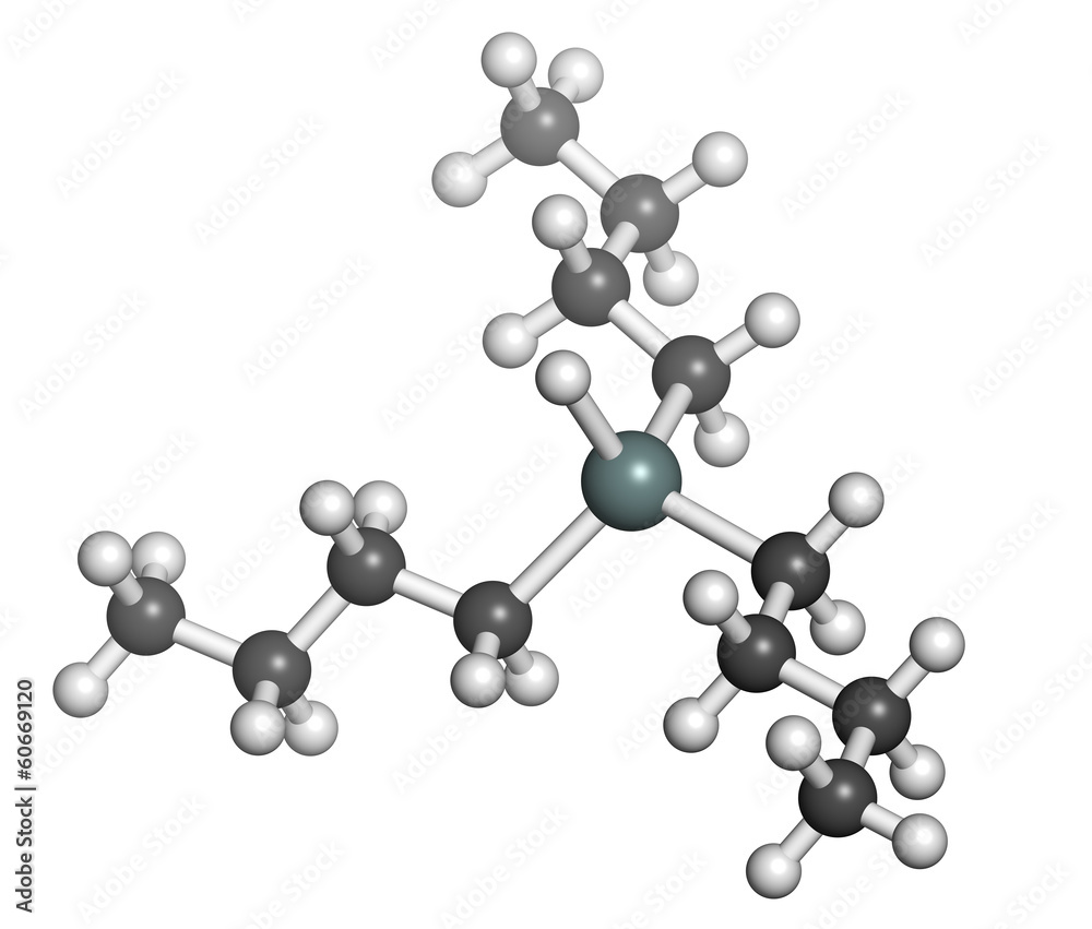 Tributyltin hydride molecule. Organotin reagent. Tributyltin hydride molecule. Organotin reagent.