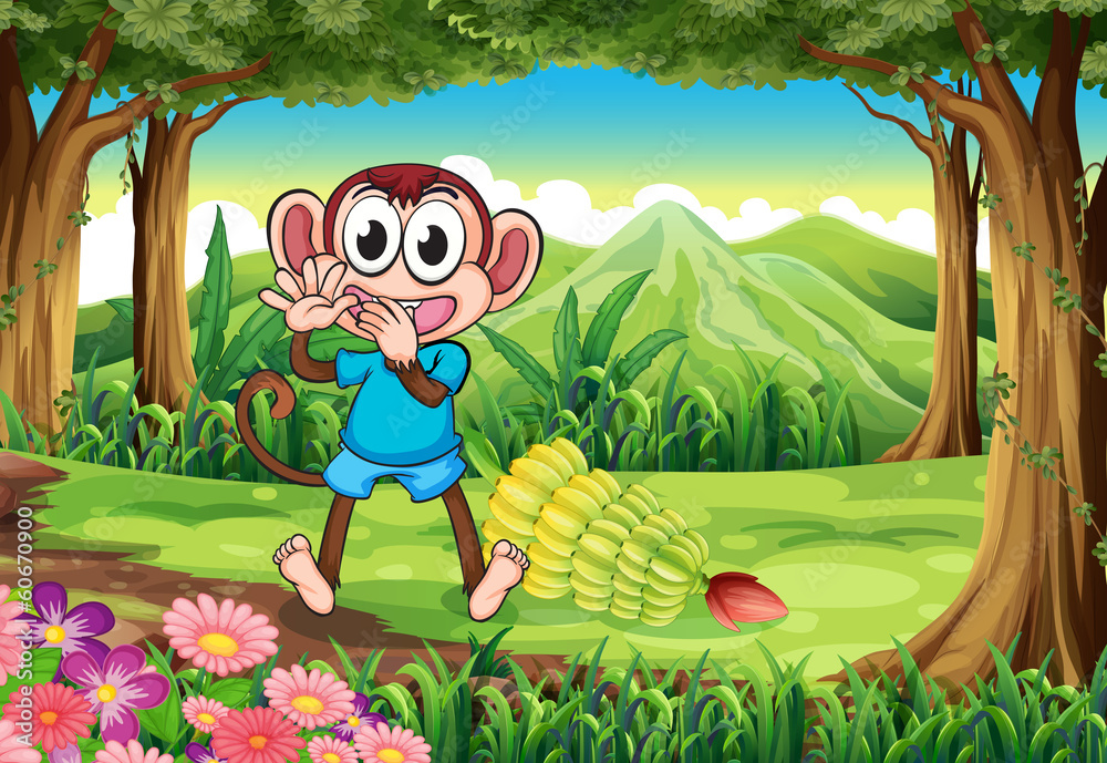 Naklejka premium A monkey at the forest with bananas