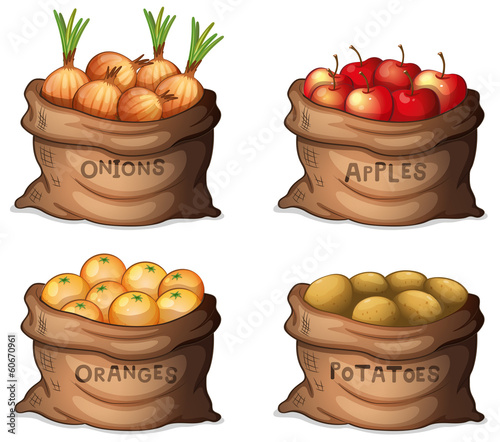 Sacks of fruits and crops