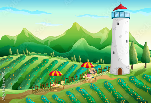 A farm with a young girl enjoying the ambiance
