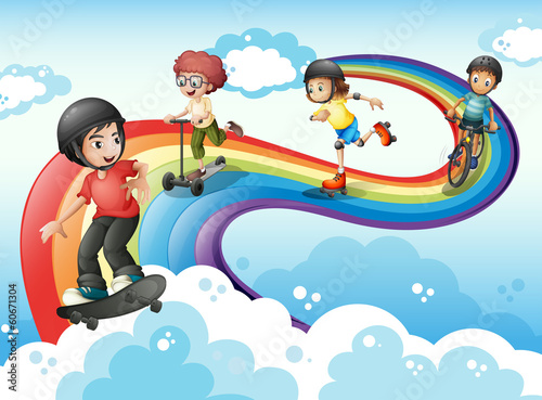 Kids in the sky playing with the rainbow