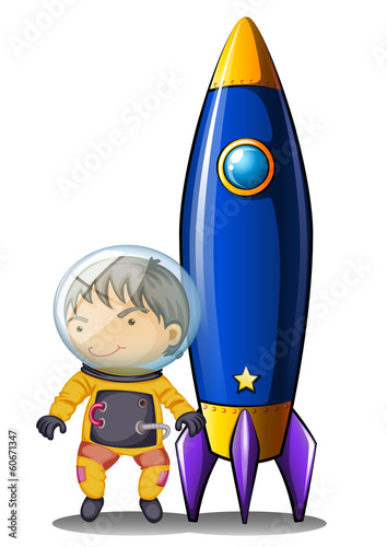 An astronaut with an orange suit standing beside the spaceship