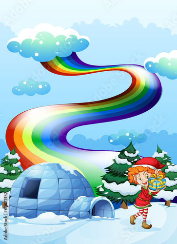 An elf near the igloo with a rainbow in the sky