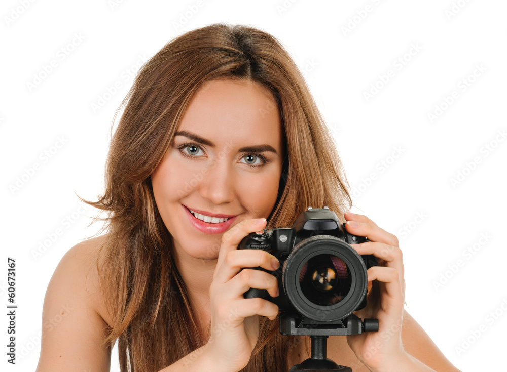 portrait of beauty woman with camera on white portrait of beauty woman with camera on white