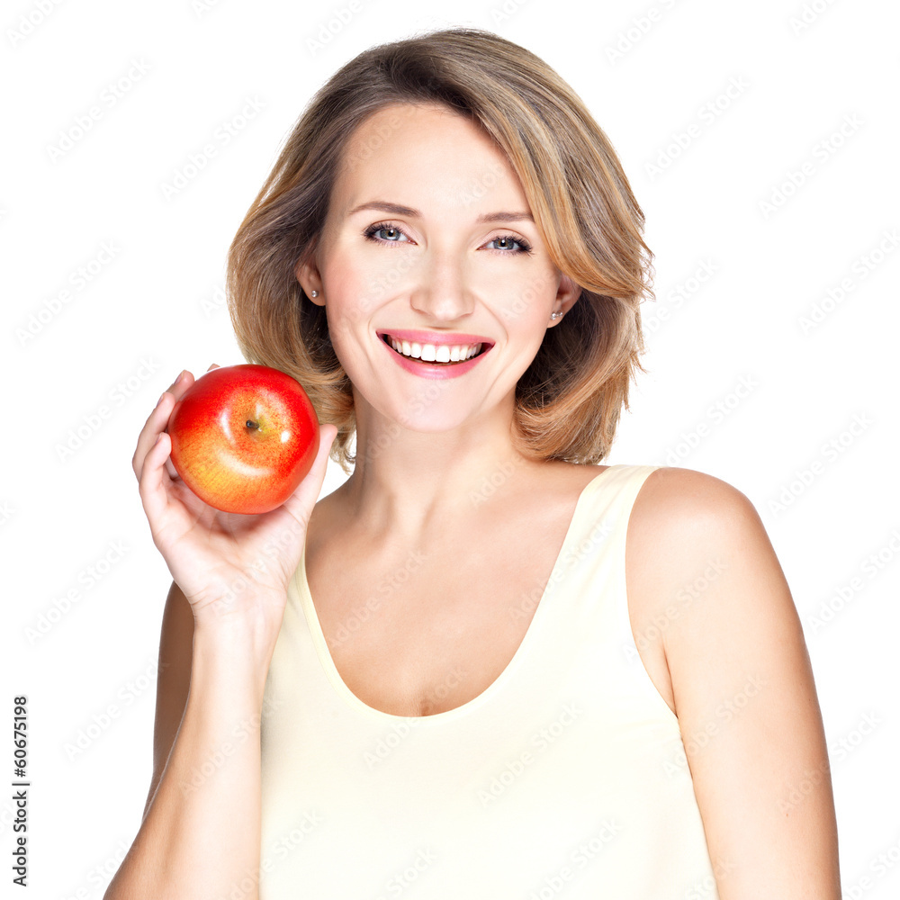 Portrait of a young smiling healthy woman with apple Portrait of a young smiling healthy woman with apple
