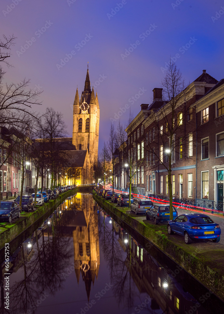 Night view of the historic city center of Delft, The Netherlands