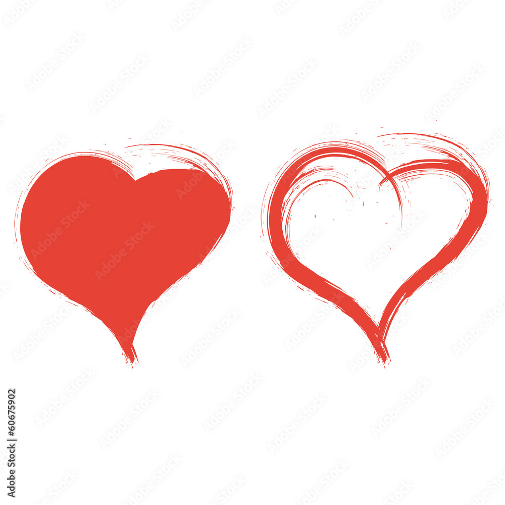 2 painted red hearts, vector, brushstroke