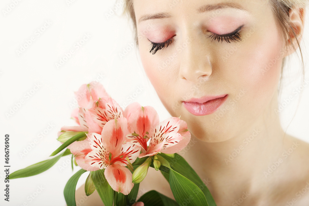pretty portrait young fresh blonde girl with flowers.studio pretty portrait young fresh blonde girl with flowers.studio