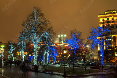 illuminated trees on the street in Moscow