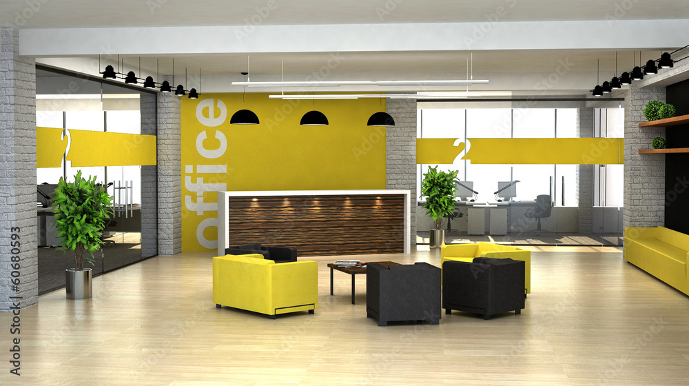 3d rendering an interior of the office. Hall with reception - obrazy, fototapety, plakaty 