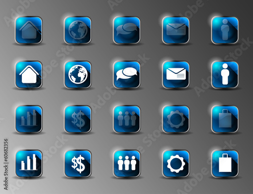 collection of blue shiny icons with long shadows