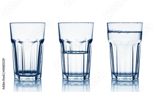 Isolated on white empty, half and full water glasses photo