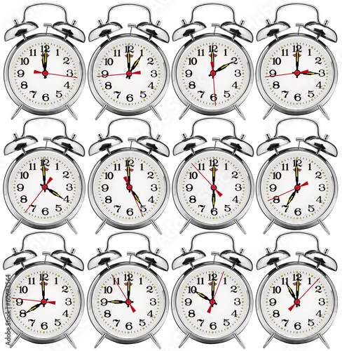 set of alarm clocks with another times isolated on white