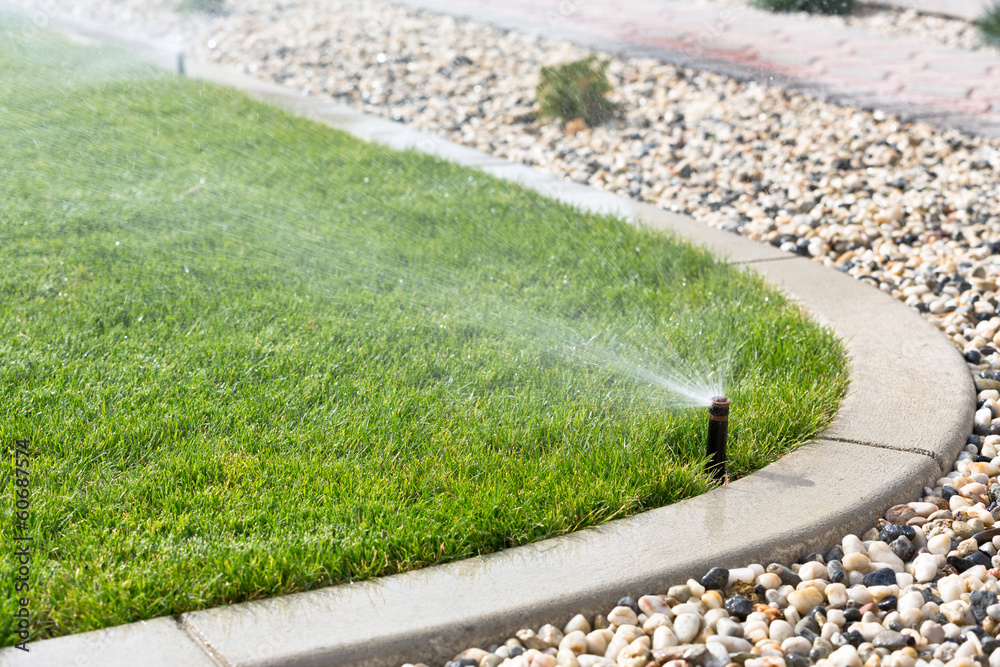 Sprinklers watering grass - obrazy, fototapety, plakaty 