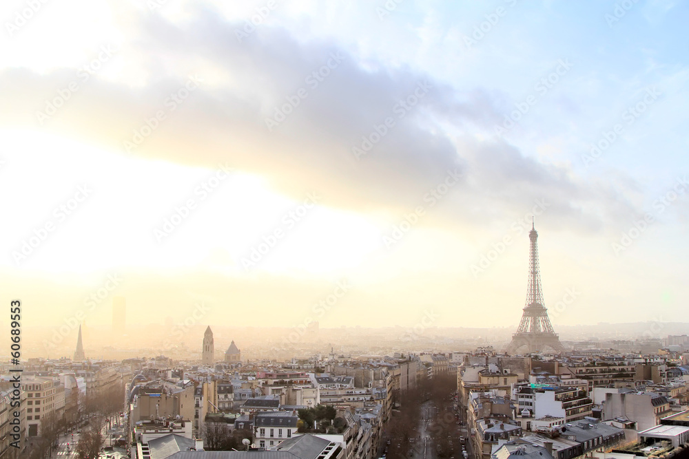 Panoramic view of Paris at warm sunrise