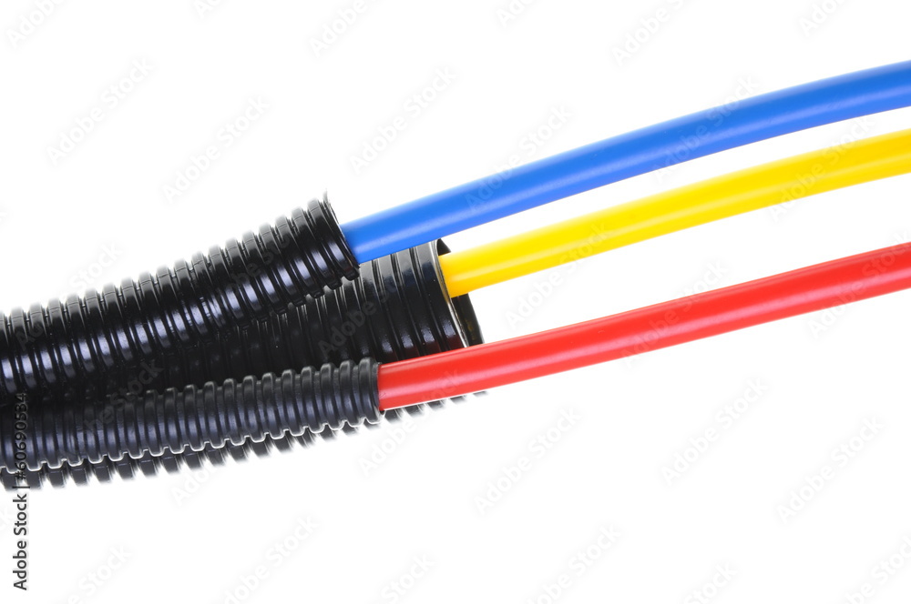 Power supply cables in corrugated pipe isolated on white Power supply cables in corrugated pipe isolated on white