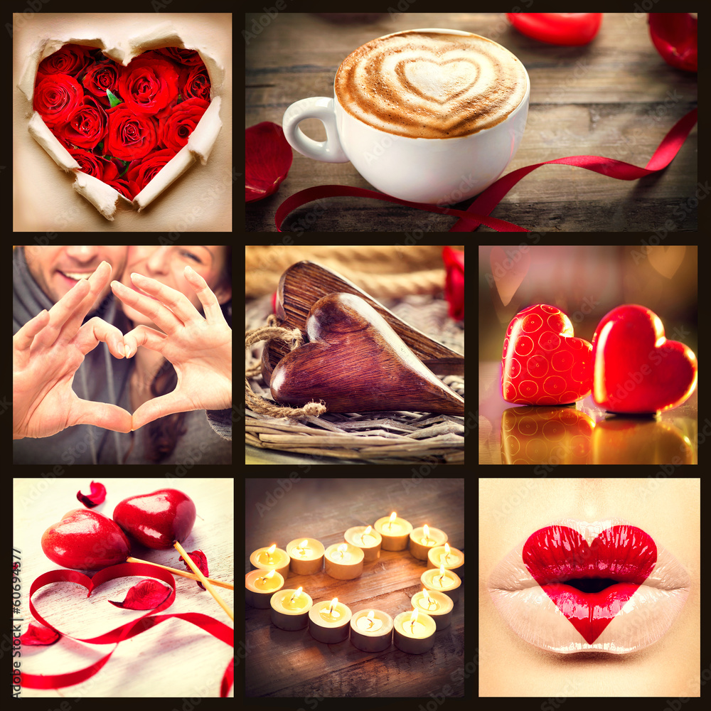 Valentine Collage. St. Valentines Day Hearts art design. Love - obrazy, fototapety, plakaty 