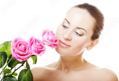 Woman with pink roses