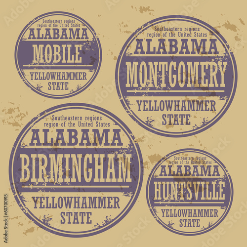 Grunge rubber stamp set with names of Alabama cities