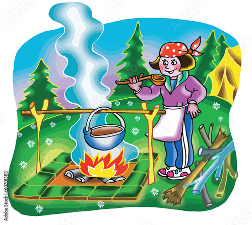 Girl cooking on campfire