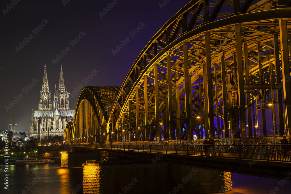 Bridge and the Dom of Cologne at night. Cologne, Germany
