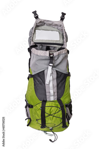 Front shot of opened green touristic backpack