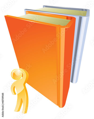 Gold person looking up at book