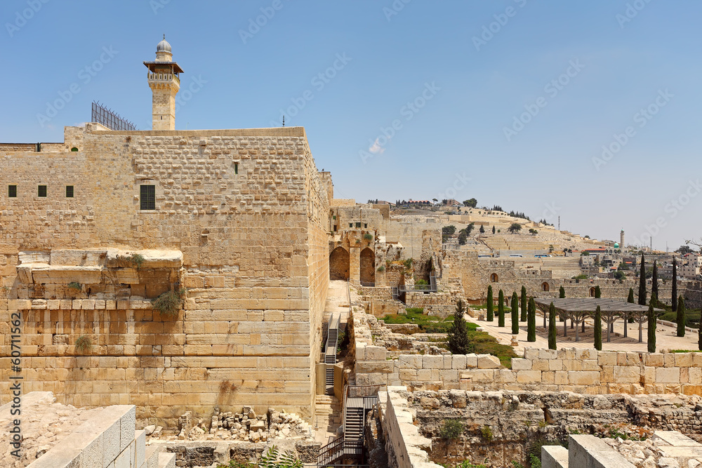 Al-Aqsa minaret and old ruins in Jerusalem, Israel.