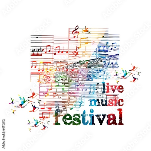 Colorful music background with hummingbirds