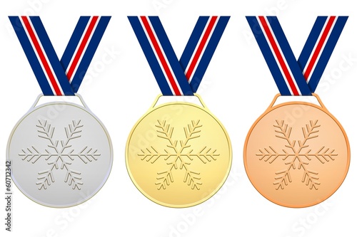 Medals with blue red white ribbons for Winter games photo