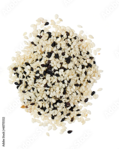 black and white sesame seeds isolated on white background