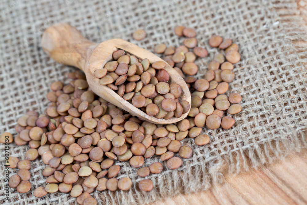 brown lentils in a wooden spoon brown lentils in a wooden spoon
