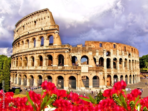 View of the Colosseum with flowers, Rome Italy