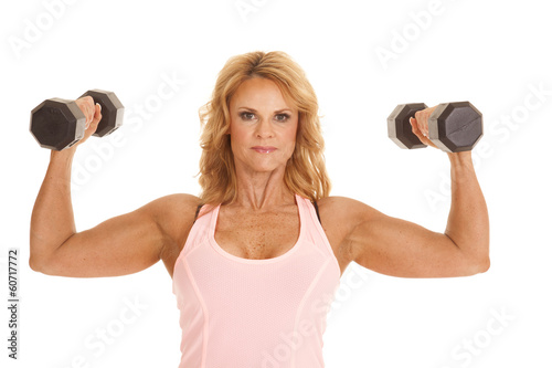 Billede på lærred Woman pink tank flex weights up serious