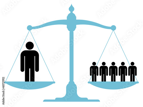Balanced scale with a single man and a group