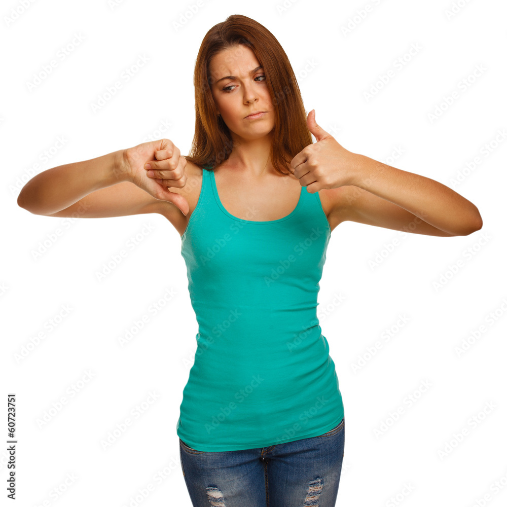 girl woman in a green shirt shows signs of yes and no, hand fing girl woman in a green shirt shows signs of yes and no, hand fing