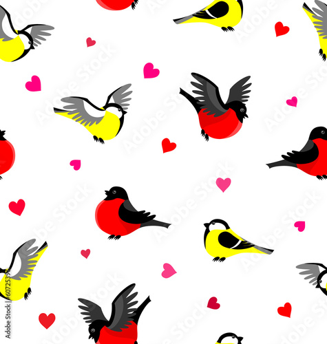 Vector seamless pattern with bullfinches and tits.