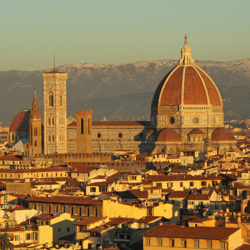 view of monumental cathedral of  Florence seen from Piazzale in