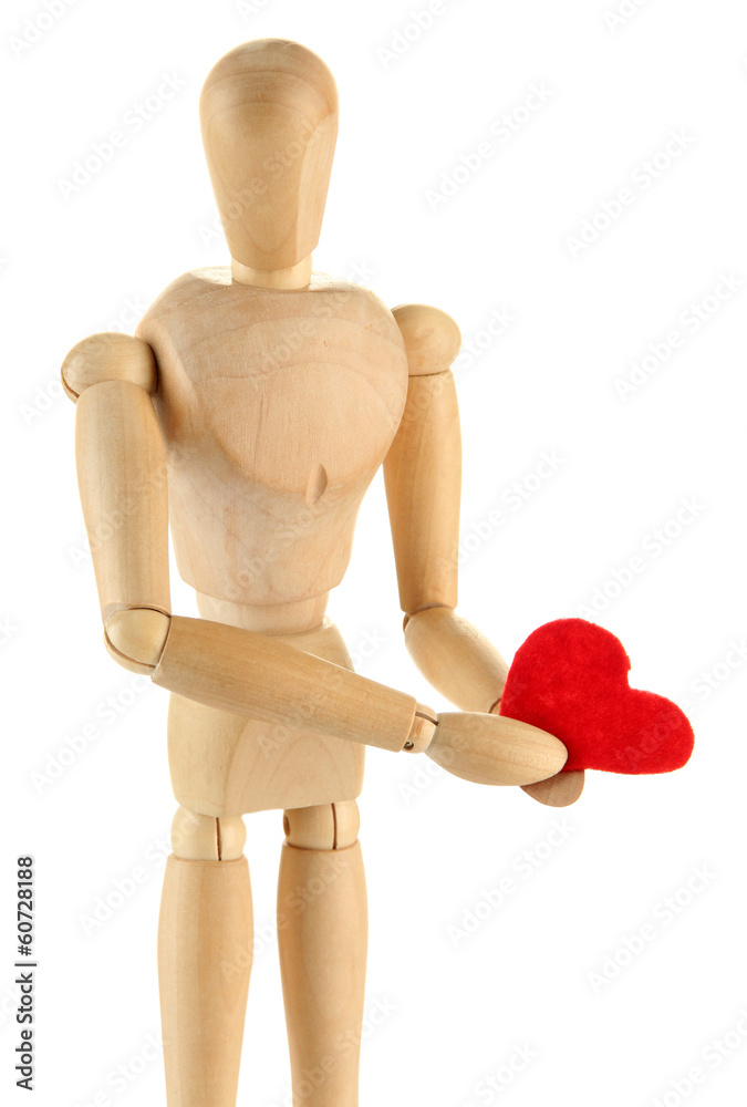 Wooden mannequin holding red heart isolated on white Wooden mannequin holding red heart isolated on white