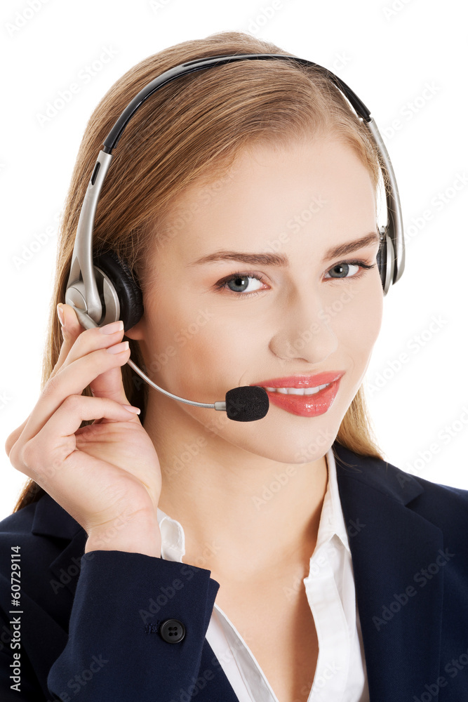 Beautiful caucasian business woman at call center.