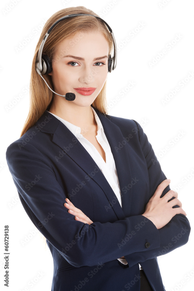 Beautiful caucasian business woman at call center. Beautiful caucasian business woman at call center.