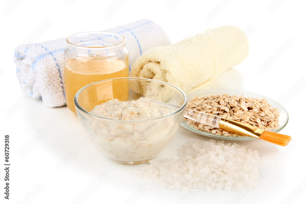 Homemade facial mask with oats and honey, isolated on white