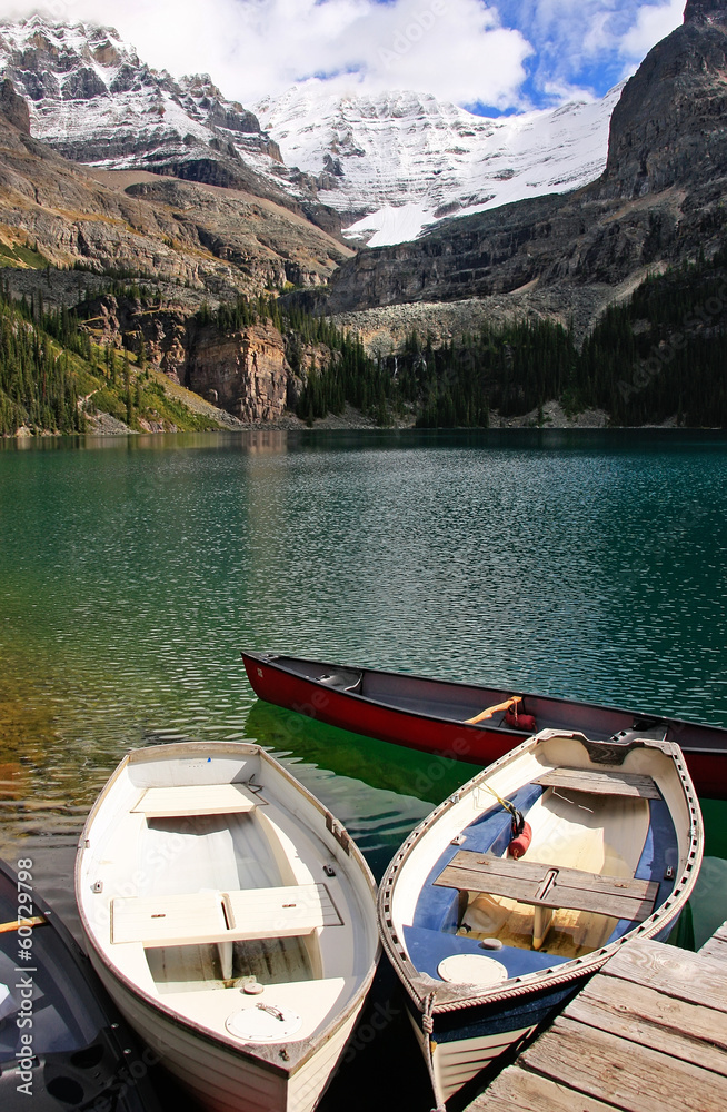 Wooden boats at Lake O'Hara, Yoho National Park, Canada
