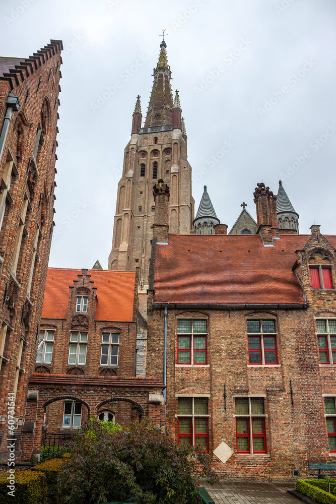 Traditional architecture and Church of Our Lady in Bruges