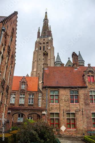 Traditional architecture and Church of Our Lady in Bruges