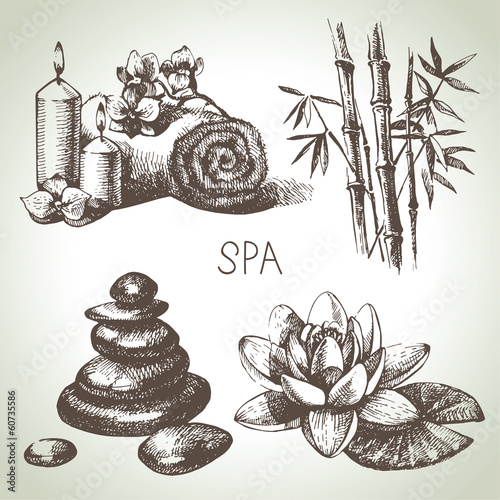 Spa sketch icon set. Beauty vintage hand drawn illustrations