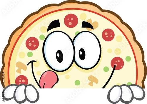 Smiling Pizza Cartoon Mascot Character Over A Sign